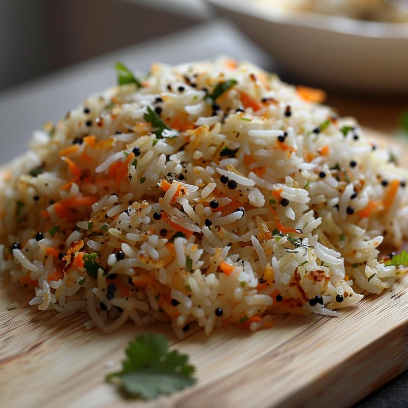 A close-up view of flavorful Indian leftover rice, arranged artistically on a light wood board.