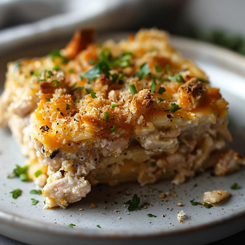 Close-up of a creamy tuna casserole on a light grey ceramic plate.