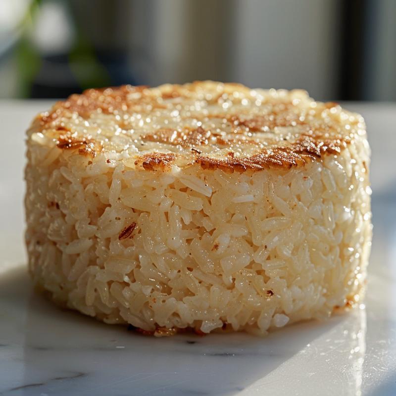 Close-up of golden, crispy rice patties arranged on a white marble surface.