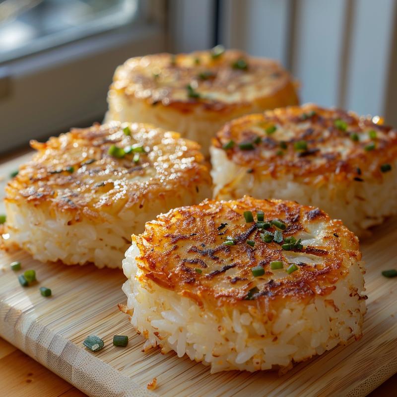 Close-up of crispy rice patties on a light wood board with natural light.