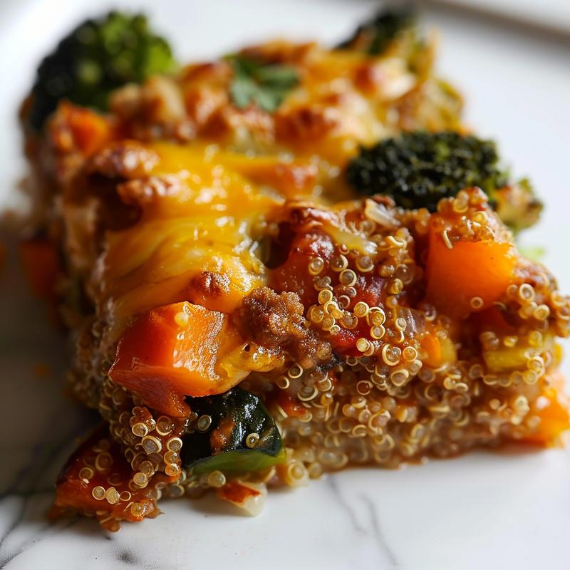 Close-up view of a cheesy veggie quinoa casserole highlighting its creamy texture and colorful vegetables.
