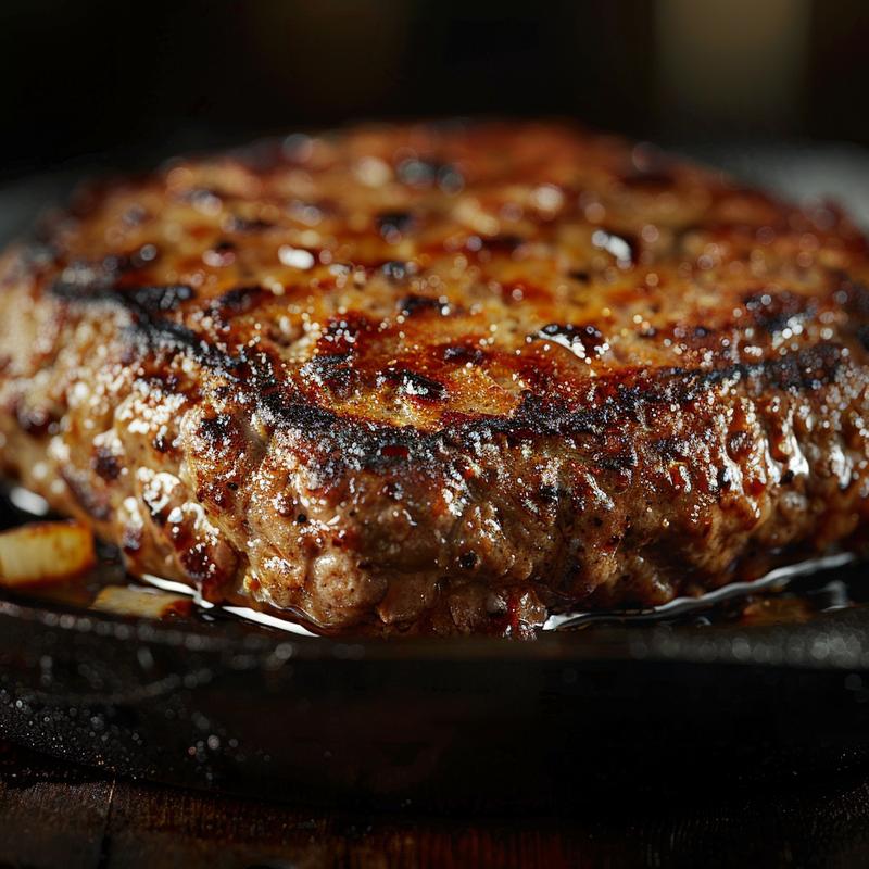 Close-up of a keto hamburger on a cast iron surface, showcasing rich textures and shadows.