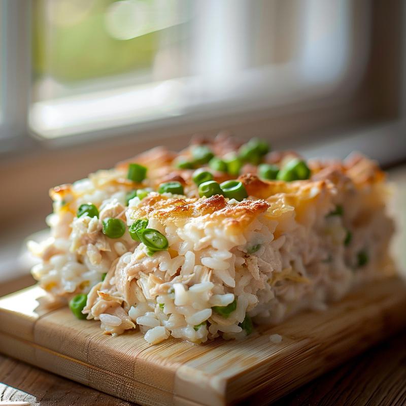 Close-up of a creamy tuna rice casserole on a light wood board.