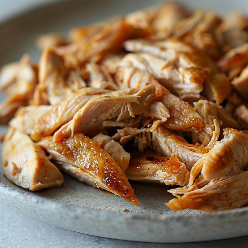 Close-up of a portion of shredded chicken on a light grey ceramic plate.
