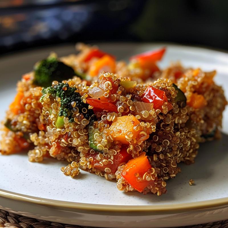 Close-up of a colorful veggie packed quinoa casserole on a light grey ceramic plate.