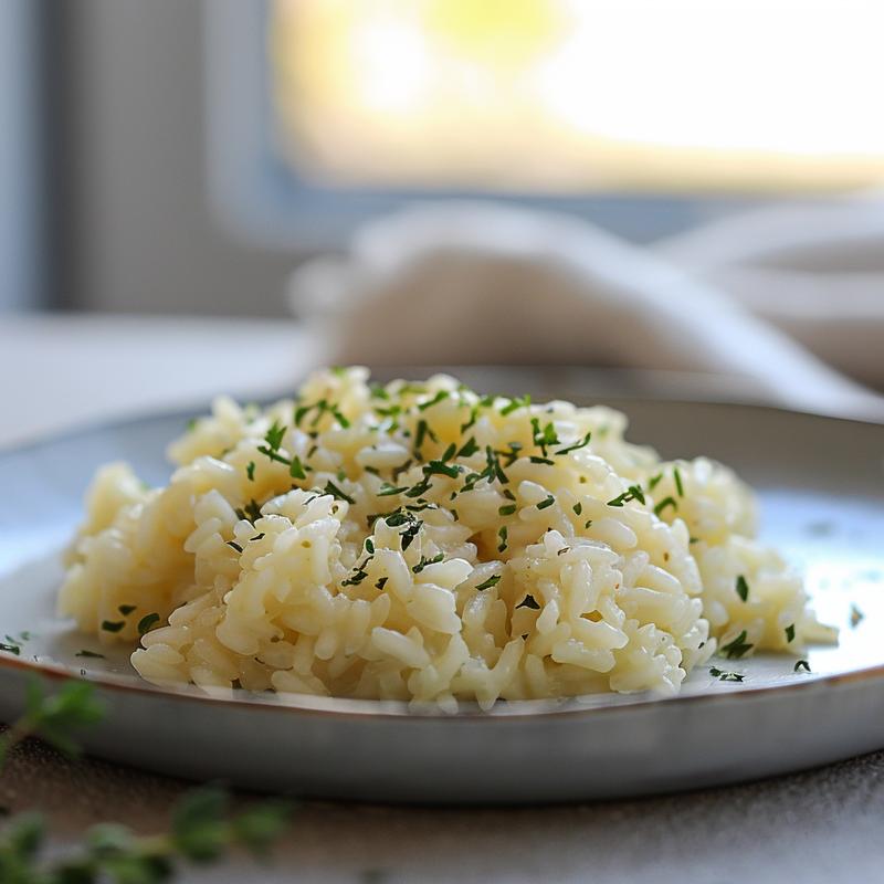 A close-up shot of a creamy, flavorful risotto served in a light grey ceramic plate.