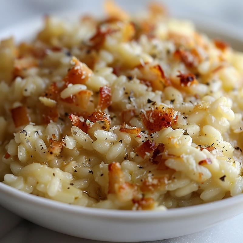 Close-up of a creamy, oven-baked risotto on a white marble surface.