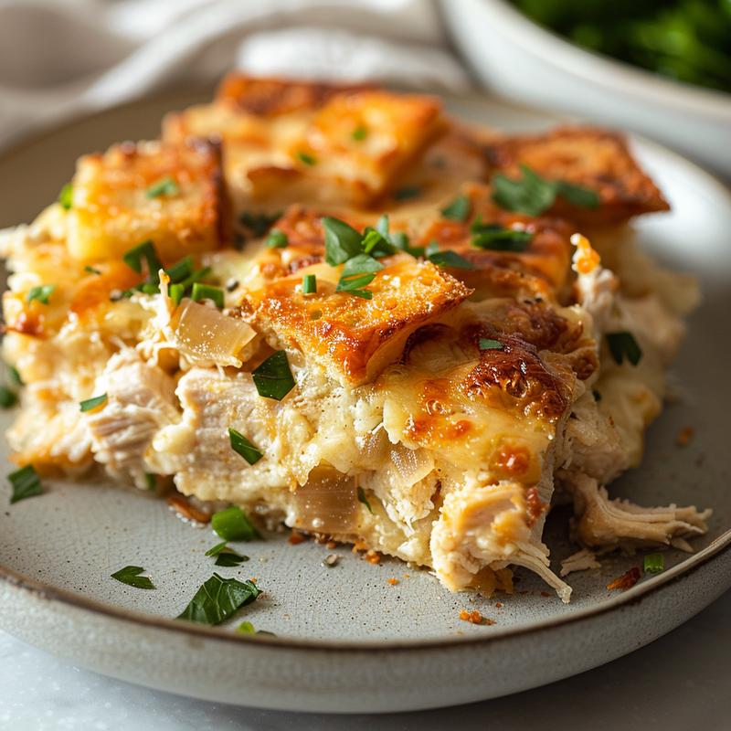 Close-up of a portion of rotisserie chicken casserole on a light grey ceramic plate.