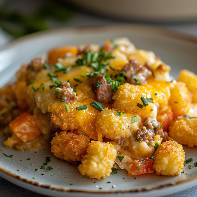 Close-up of a serving of tater tot casserole on a light grey ceramic plate.