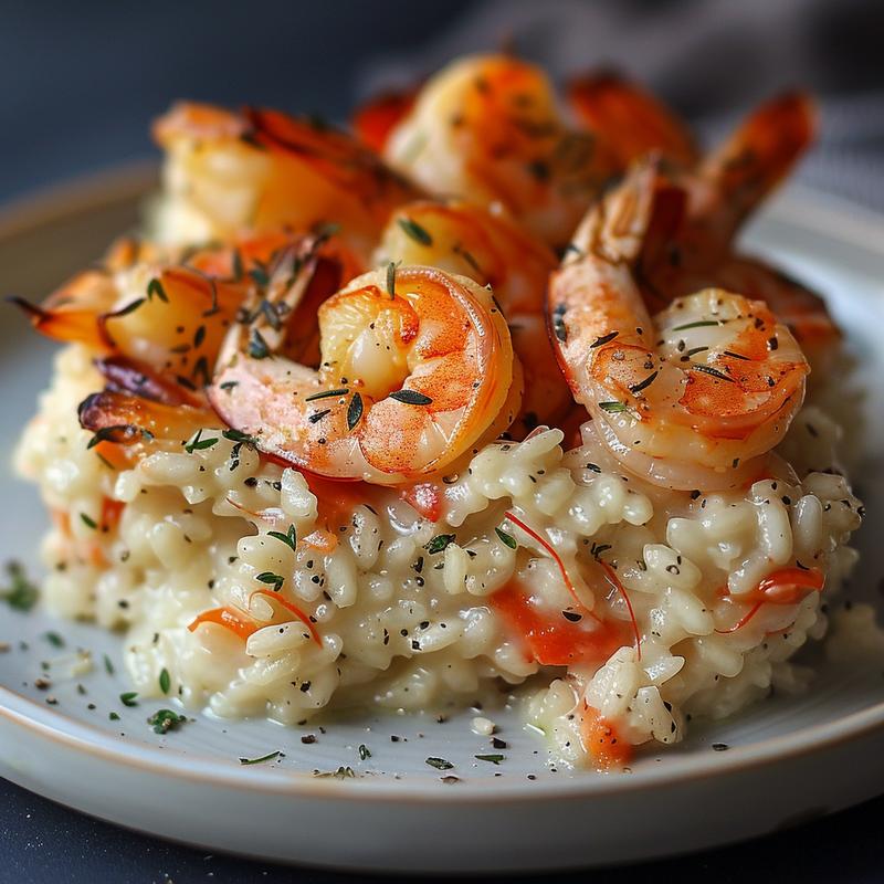 Close-up of a creamy baked shrimp risotto served on a light grey ceramic plate.