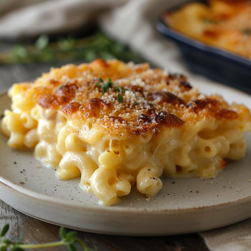 Close-up of creamy five cheese mac and cheese on a grey plate, showcasing rich textures.