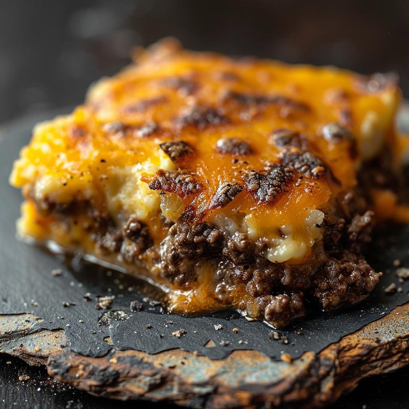 Close-up of colorful low-carb ground beef dishes arranged on a rustic slate plate.