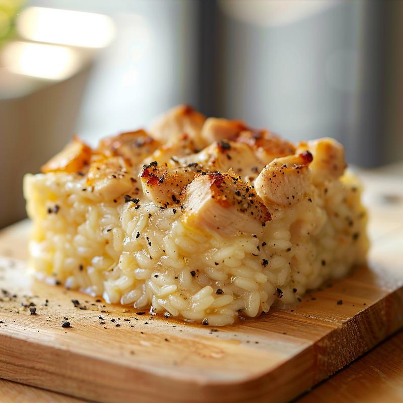 Close-up of creamy oven-baked chicken risotto on a wooden board.