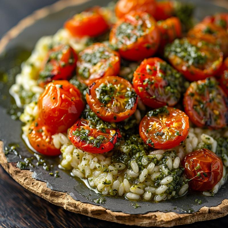 Close-up of creamy pesto risotto topped with roasted tomatoes on a rustic slate plate.