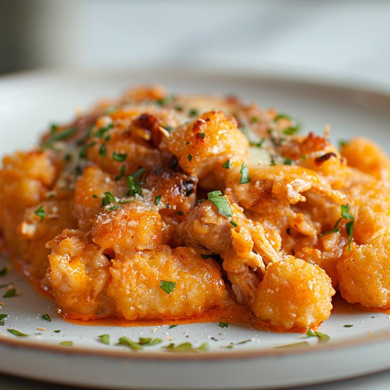 Extreme close-up of a vibrant serving of cracked out chicken tater tot casserole on a light grey ceramic plate.
