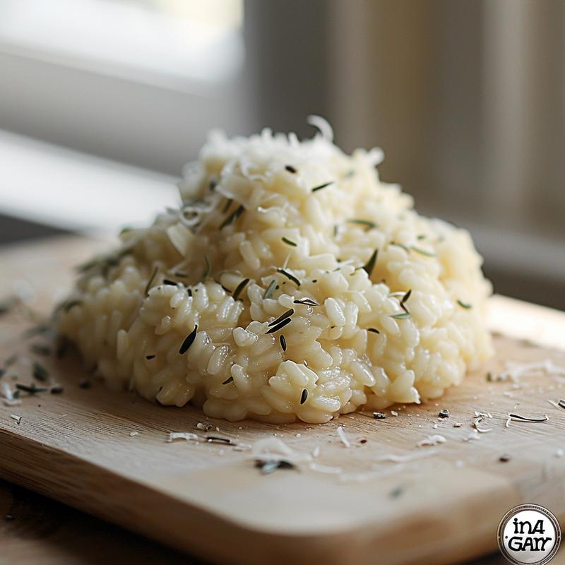 Close-up shot of baked risotto served on a light wood board.
