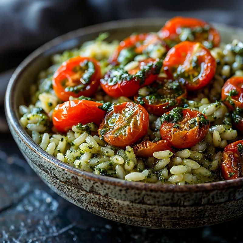 A close-up of creamy pesto risotto topped with roasted cherry tomatoes on a dark stone background.