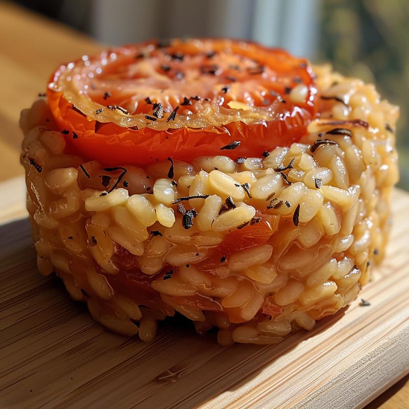 Close-up of a creamy baked tomato risotto on a wooden board.
