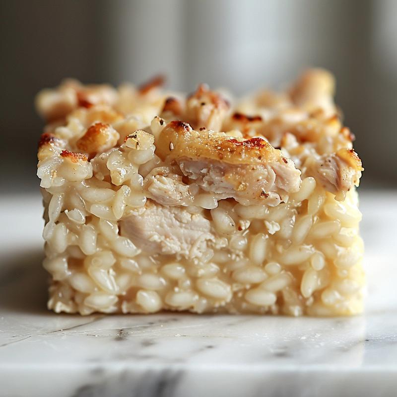 A close-up view of a creamy oven-baked chicken risotto on a white marble surface.