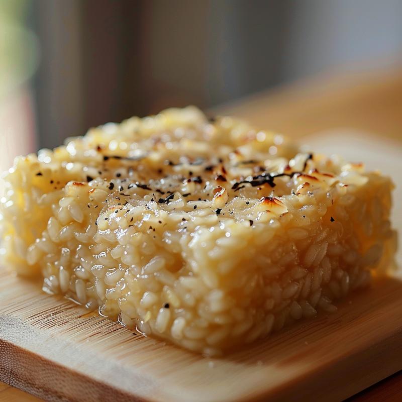 A close-up view of a portion of baked risotto on a wooden board, showcasing its creamy texture.