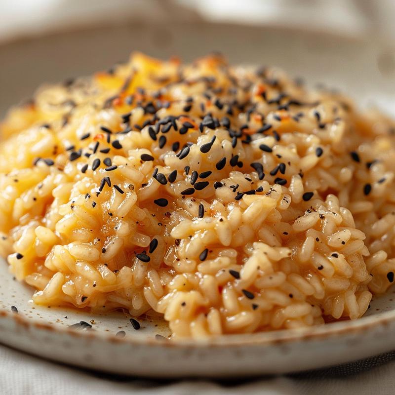 Close-up of a creamy baked risotto on a light grey plate, showcasing its texture.