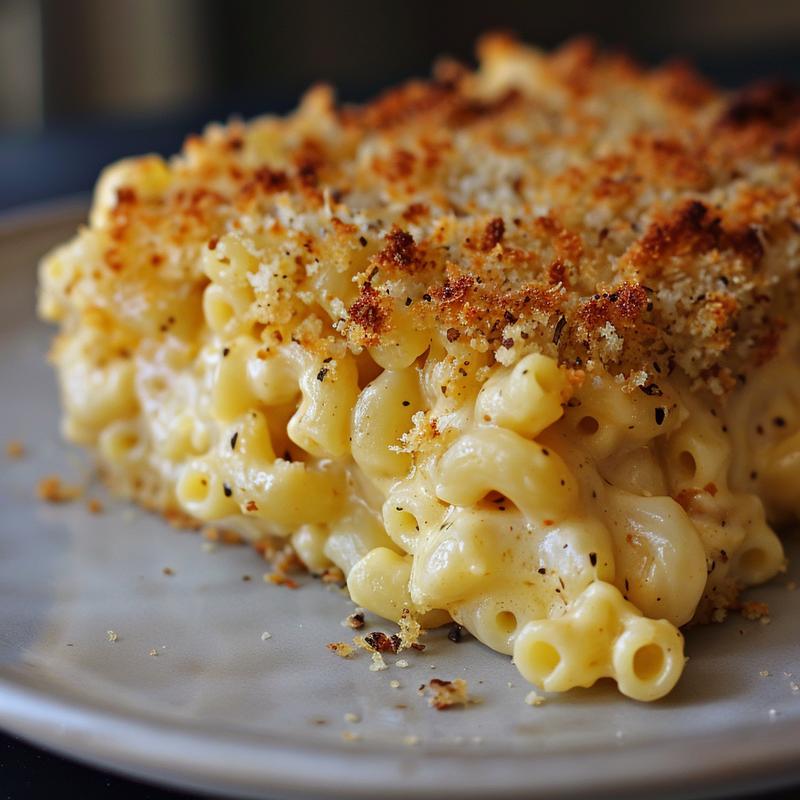 A close-up shot of creamy baked mac and cheese topped with crispy breadcrumbs on a light grey plate.