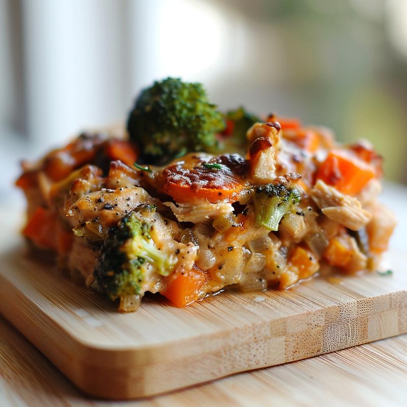 Close-up of a veggie-loaded rotisserie chicken casserole on a light wood board.