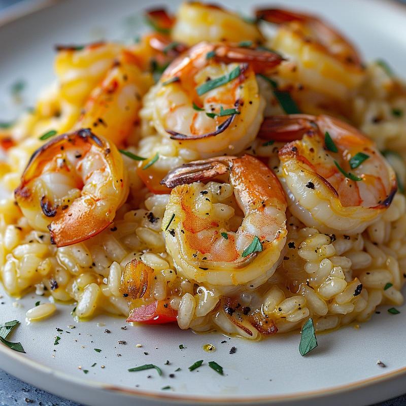 A close-up view of a creamy baked shrimp risotto on a light grey plate.