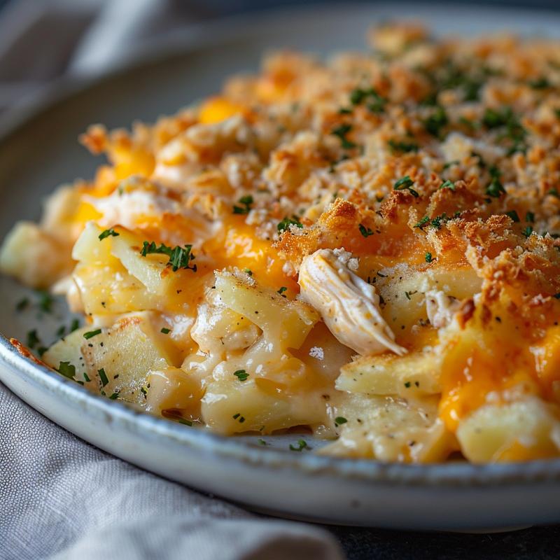Close-up of a creamy cheesy chicken hashbrown casserole on a light grey plate.