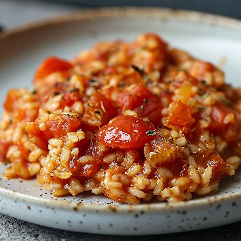 A close-up view of a creamy baked tomato risotto on a light grey plate, highlighting its rich texture.