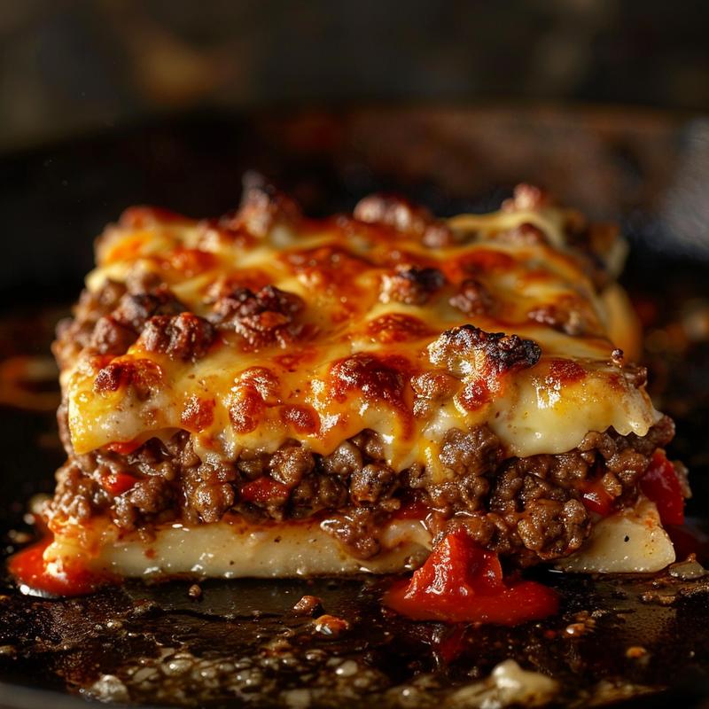 Close-up of a rustic cast iron surface featuring a variety of low-carb ground beef dishes, beautifully lit with moody shadows.