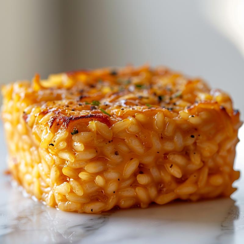 A close-up of creamy risotto al forno on a white marble surface, showcasing its texture and golden-brown crust.