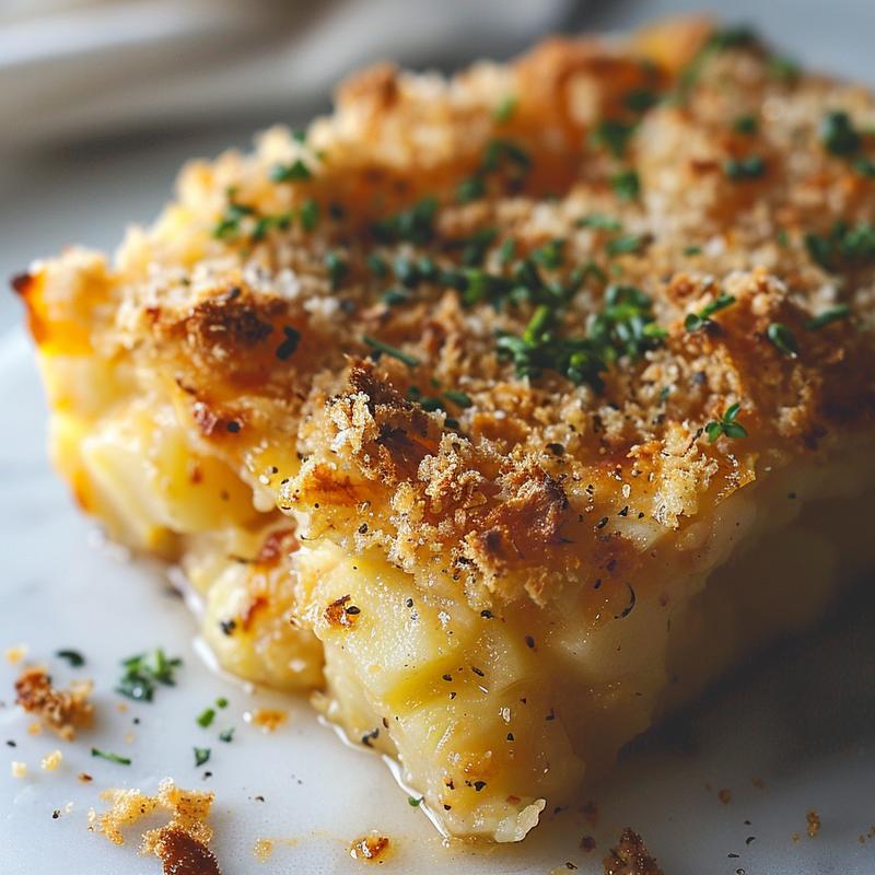 A close-up shot of a delicious chicken casserole portion on a marble surface.