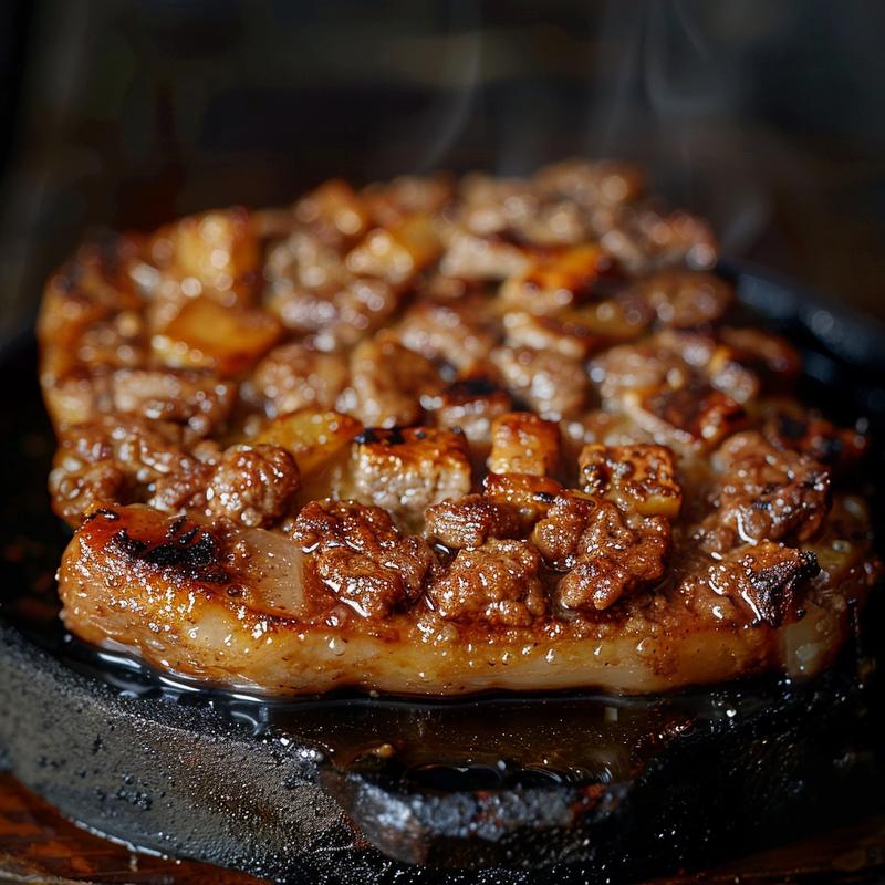 Close-up of a ground beef and potatoes casserole presented on a cast iron surface.