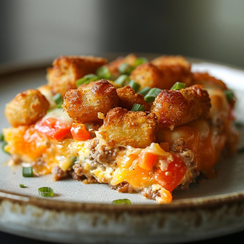 Close-up of a vibrant casserole on a light grey plate, showcasing various textures and colors.