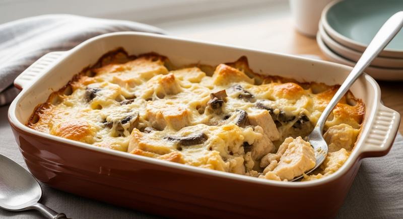 Overhead view of creamy chicken bake in a rustic baking dish.