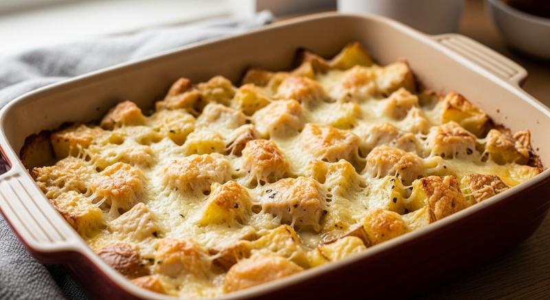 Creamy chicken and potato bake in a ceramic dish.