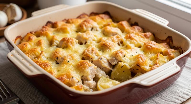 Baked chicken and potatoes in creamy, cheesy garlic sauce.