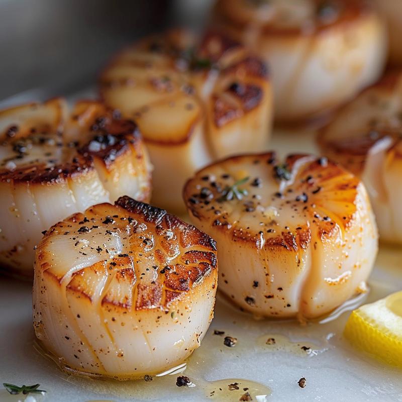 Close-up of golden brown pan-seared scallops on white marble.