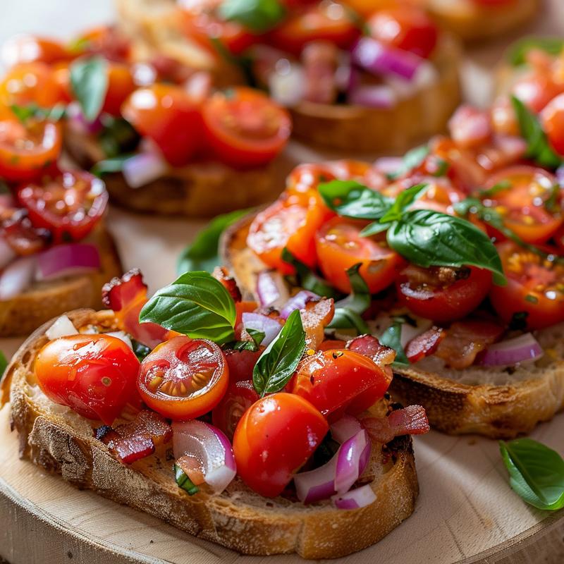Close up of tomato bacon bruschetta on wood.