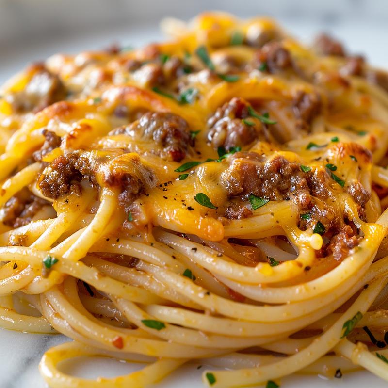 Close-up of cheesy baked spaghetti on a white marble surface.