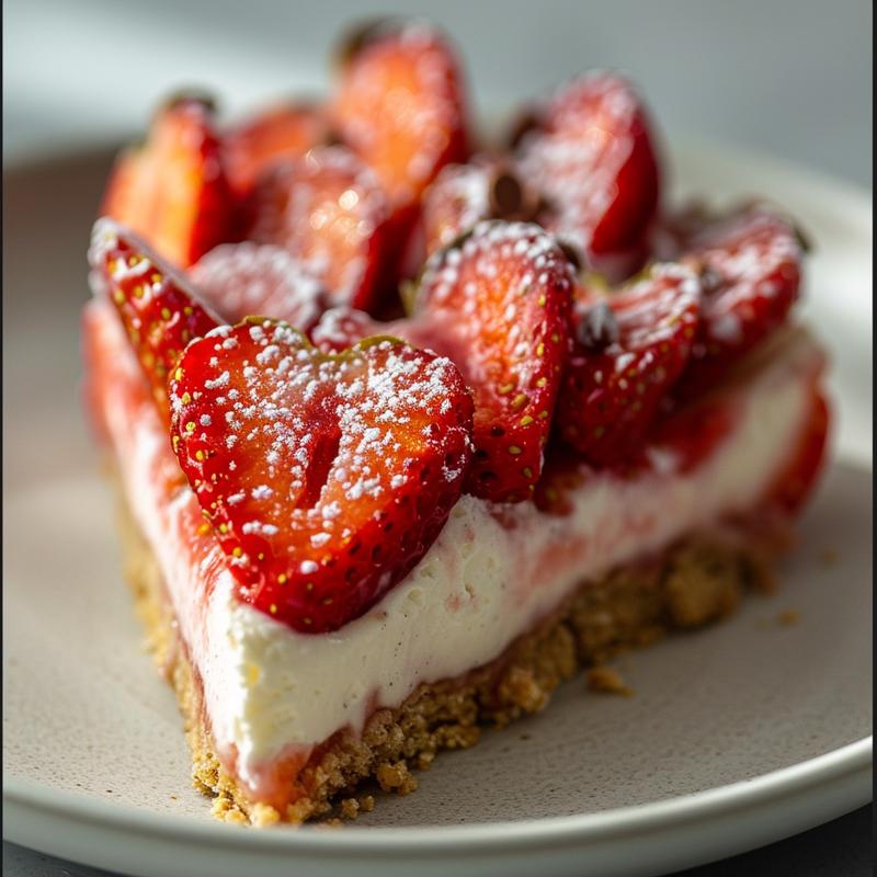Close-up of cheesecake-stuffed strawberries on a plate.