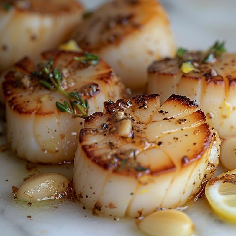 Close-up of seared scallops with garlic butter on a white surface.