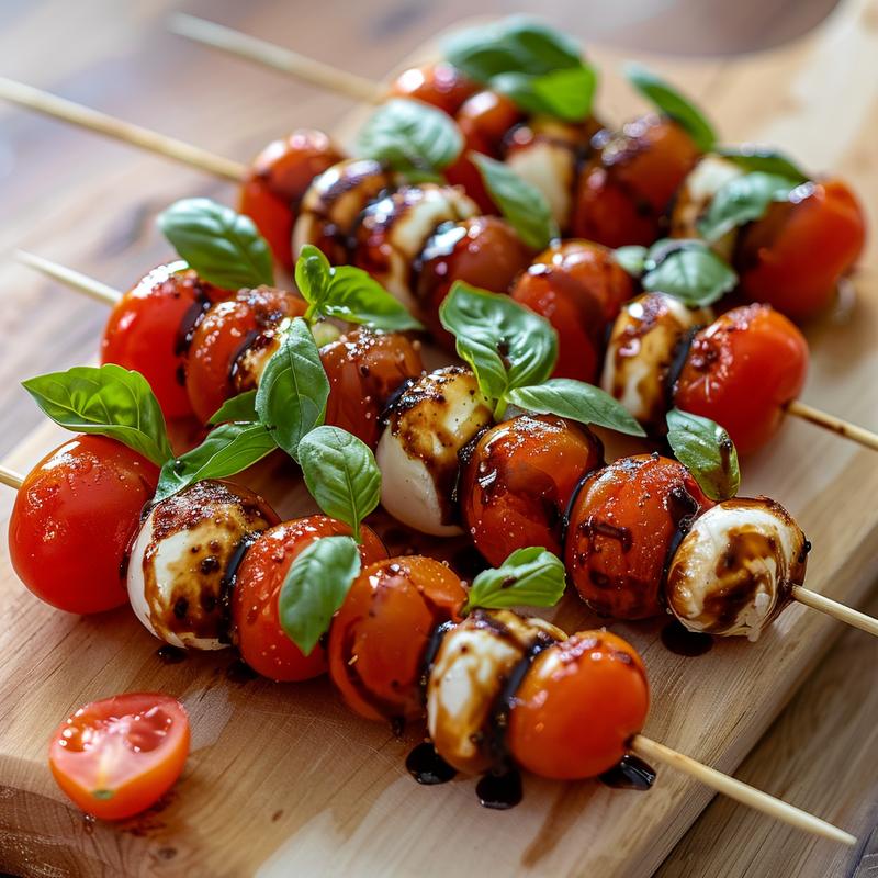 Heart-shaped Caprese skewers with tomatoes, mozzarella, and basil on a light wood board.