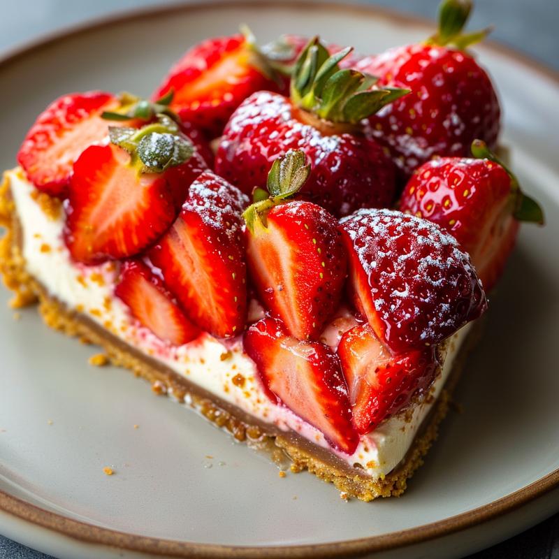 Close-up of cheesecake-filled strawberries on a gray plate.