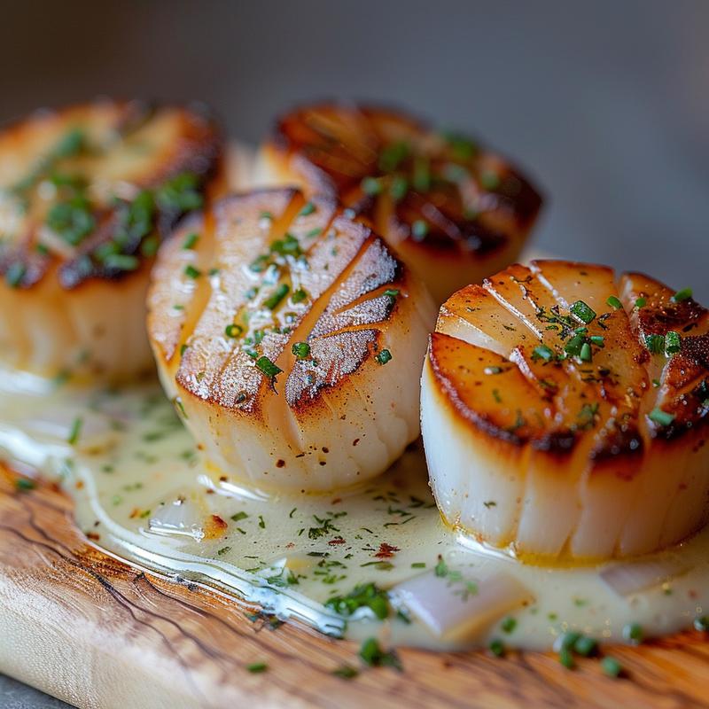 Close-up of seared scallops in Cajun cream sauce on a wooden board.