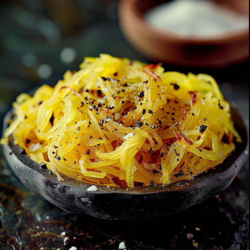 Close-up of roasted spaghetti squash strands on a dark surface.