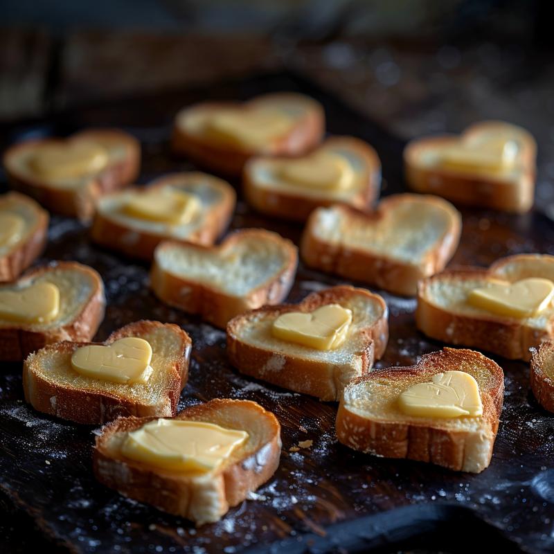 Close-up of heart-shaped grilled cheese sandwiches on a dark wood surface.