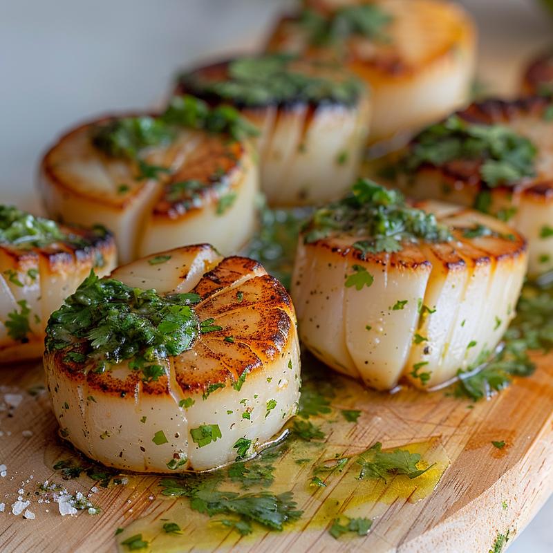 Close-up of seared scallops with green sauce on a light wooden board.