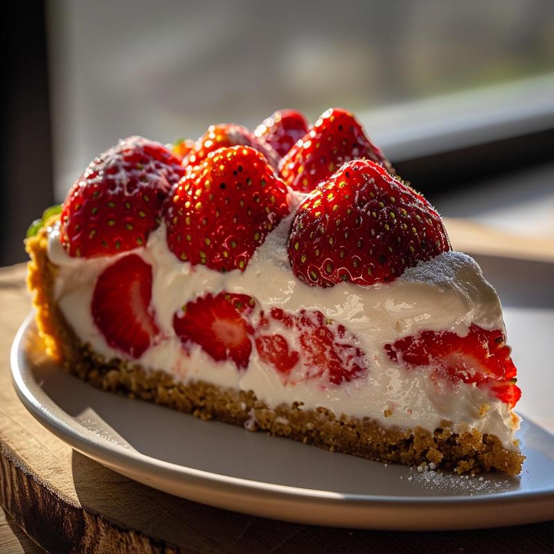 Close-up of cheesecake-stuffed strawberries on a light wood board.